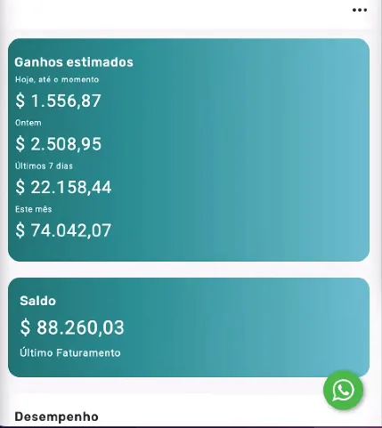 Resultado de Cris Franklin na Mentoria Alvo 10K — $74K/mês, saldo $88.260