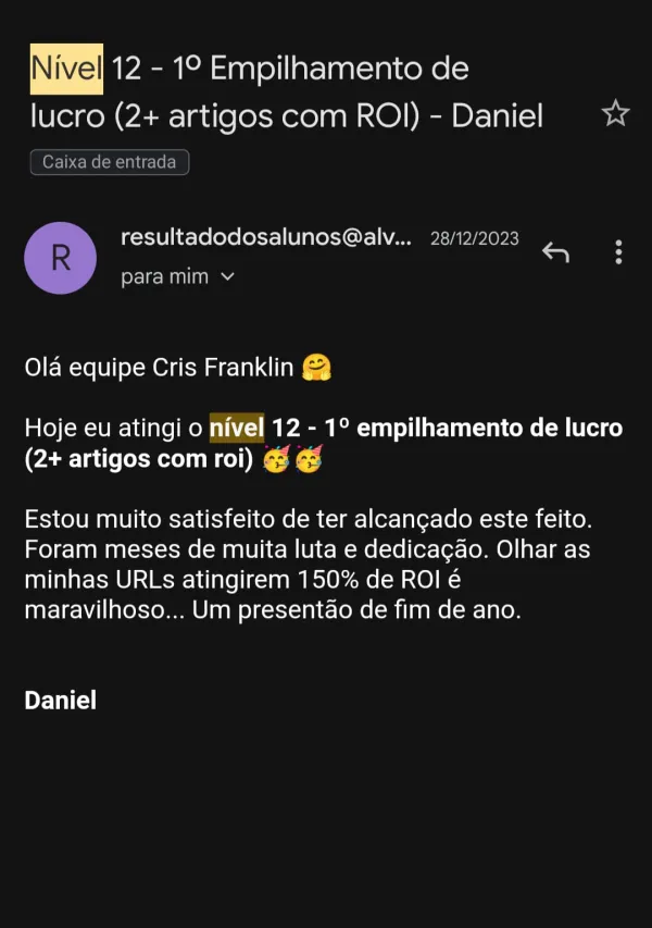 Resultado de Daniel na Mentoria Alvo 10K — 150% de retorno sobre investimento