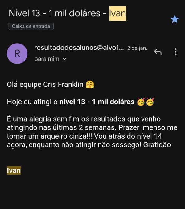 Resultado de Ivan na Mentoria Alvo 10K — atingiu $1K/mês