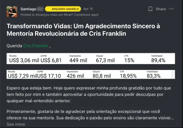 Resultado de Santiago na Mentoria Alvo 10K — superou $10K com 2 projetos